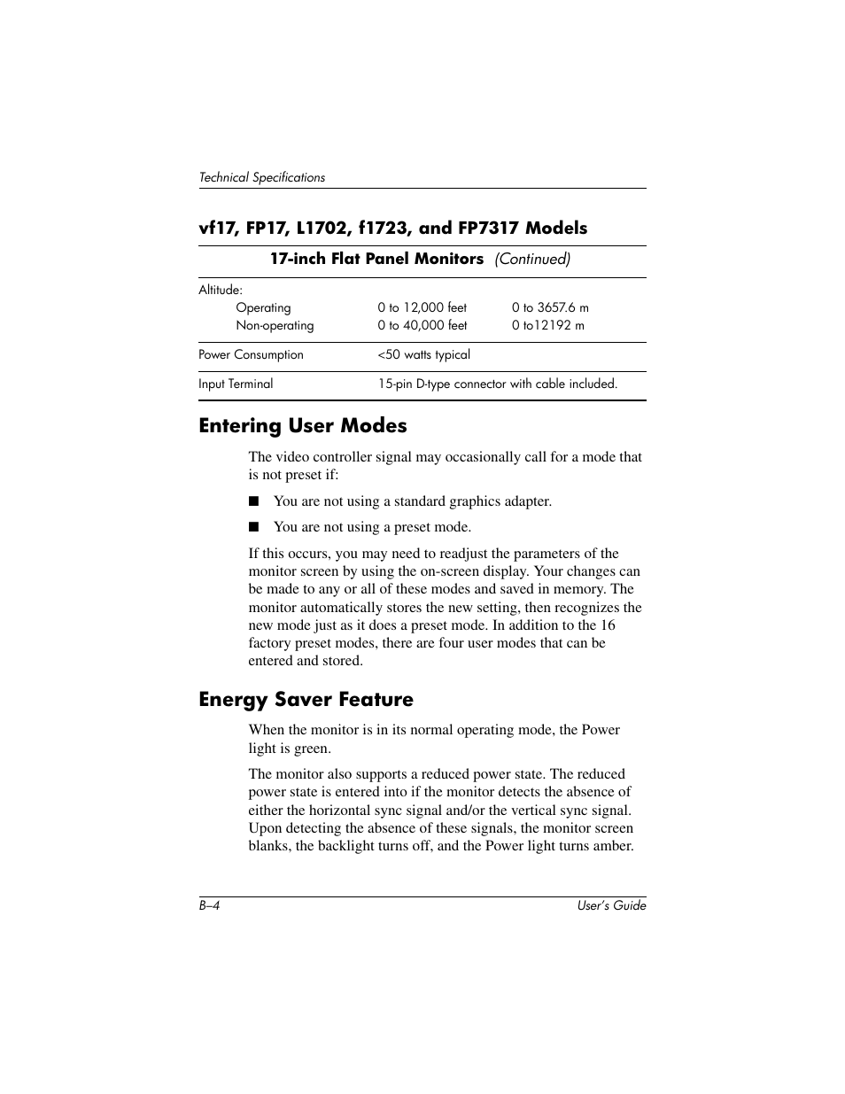 Entering user modes, Energy saver feature | HP vf17 User Manual | Page 37 / 45