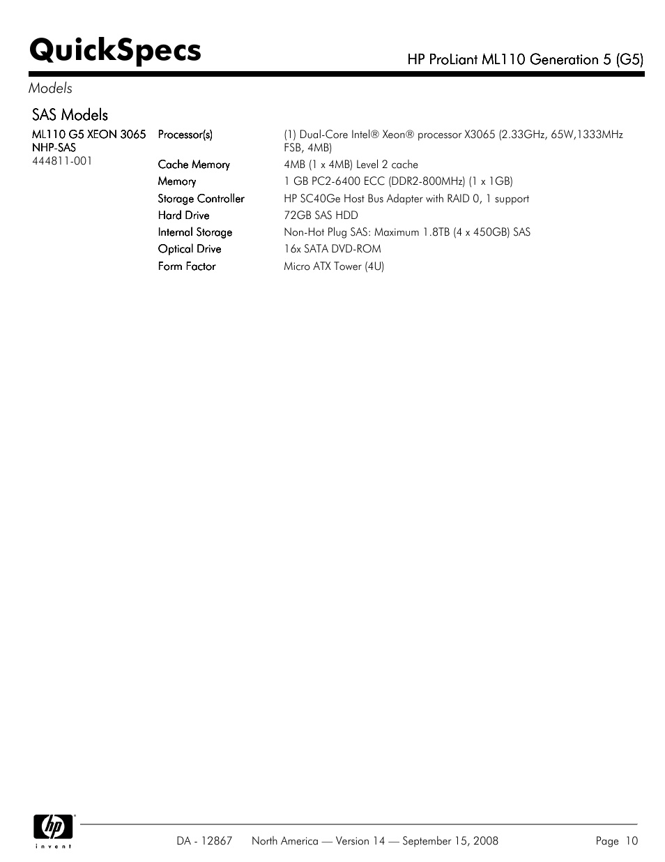 Quickspecs, Sas models | HP ProLiant ML110 G5 User Manual | Page 10 / 32