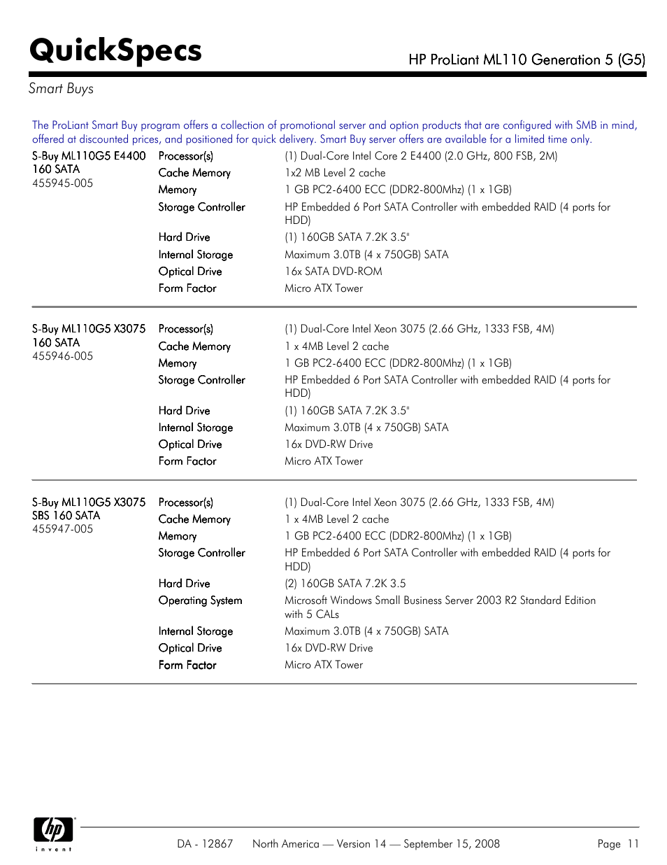 Smart buys, Quickspecs | HP ProLiant ML110 G5 User Manual | Page 11 / 32