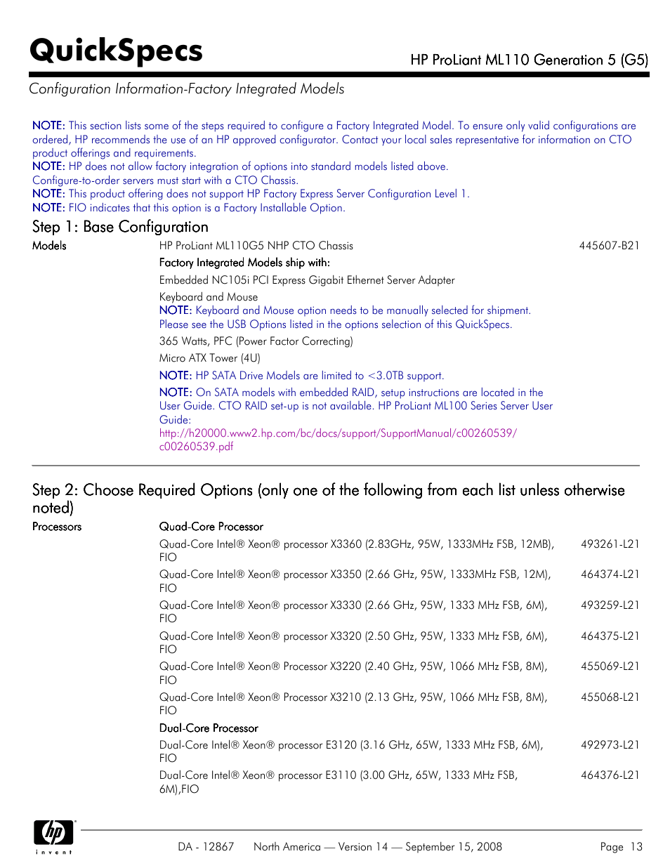 Quickspecs, Step 1: base configuration | HP ProLiant ML110 G5 User Manual | Page 13 / 32