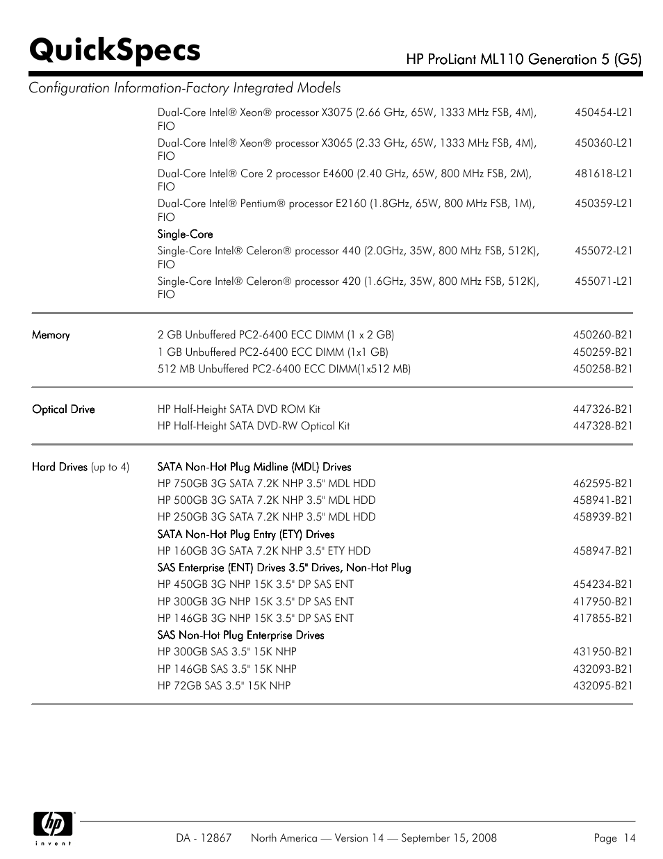 Quickspecs | HP ProLiant ML110 G5 User Manual | Page 14 / 32