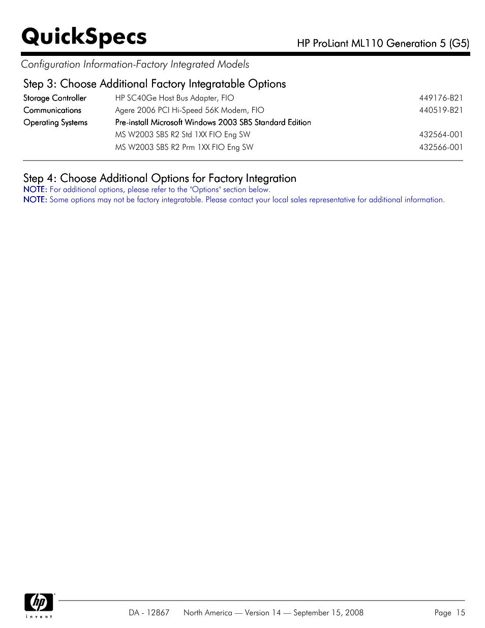 Quickspecs | HP ProLiant ML110 G5 User Manual | Page 15 / 32