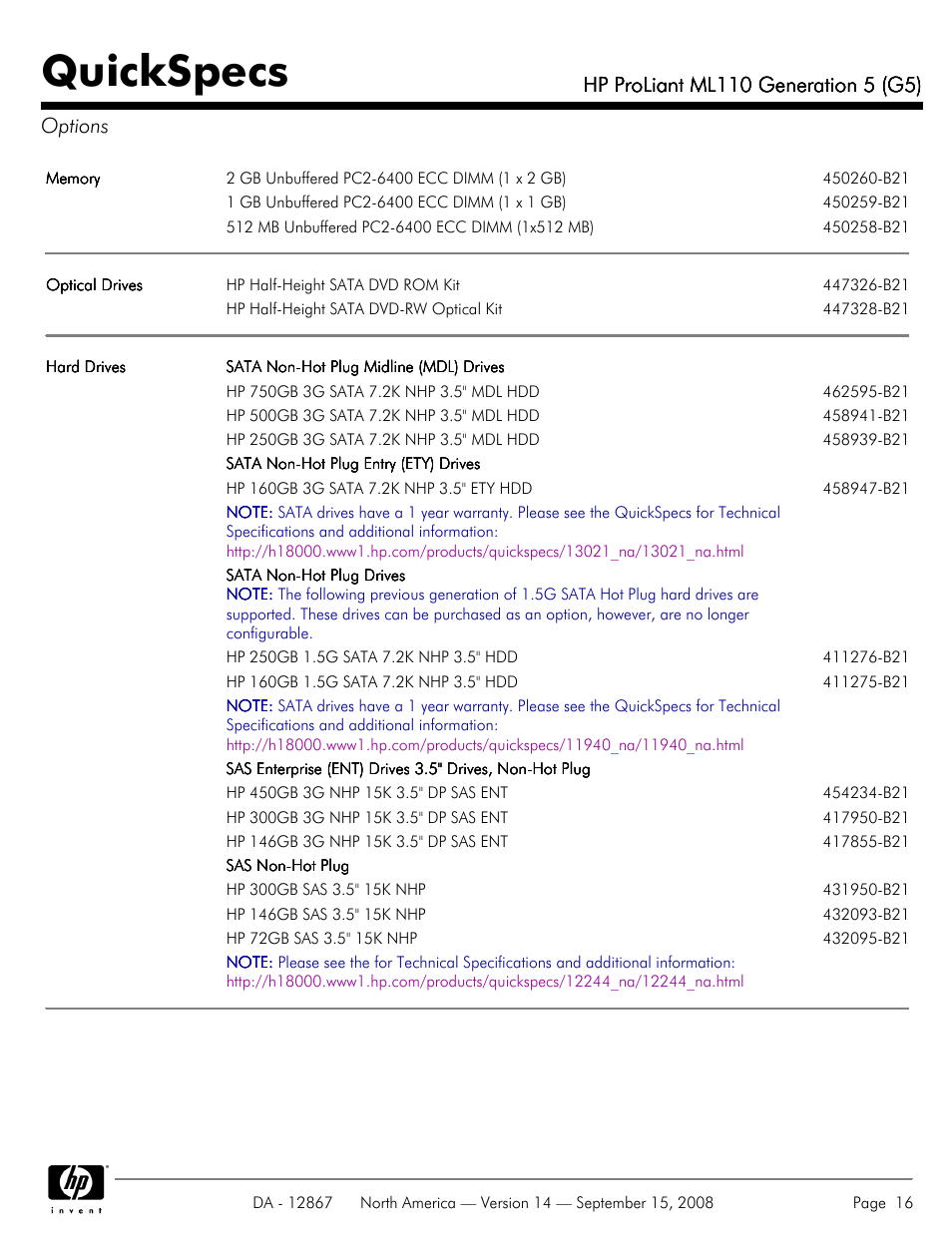 Options, Quickspecs | HP ProLiant ML110 G5 User Manual | Page 16 / 32