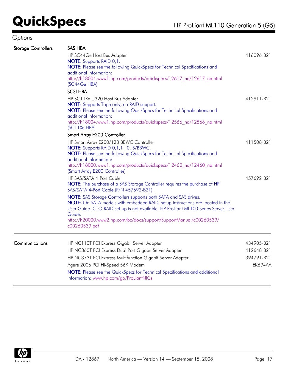 Quickspecs | HP ProLiant ML110 G5 User Manual | Page 17 / 32