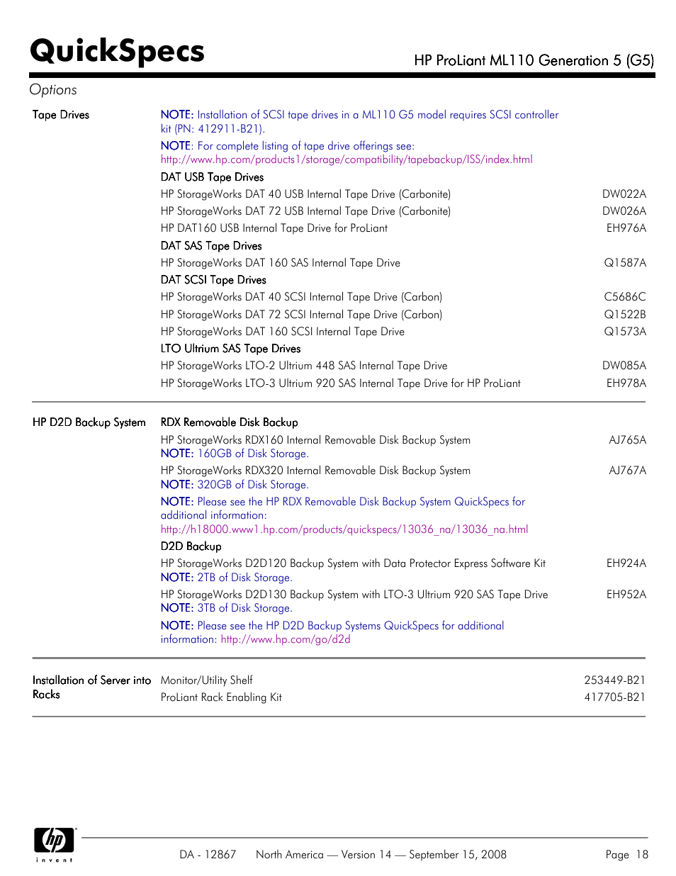 Quickspecs | HP ProLiant ML110 G5 User Manual | Page 18 / 32
