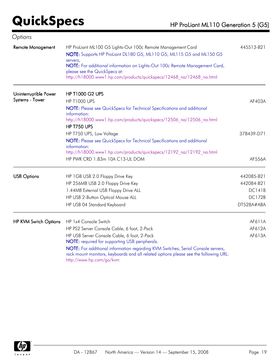 Quickspecs | HP ProLiant ML110 G5 User Manual | Page 19 / 32