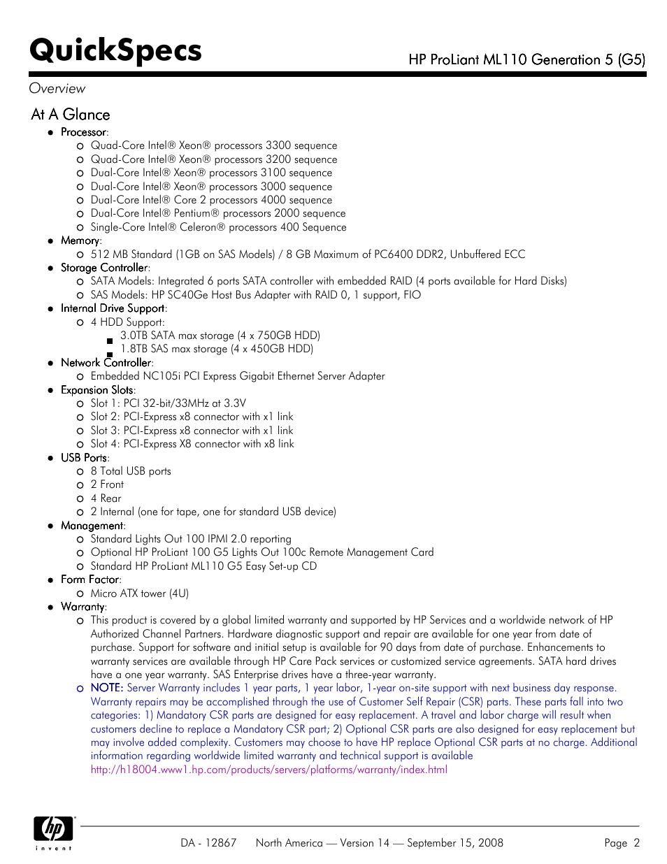 Quickspecs, At a glance | HP ProLiant ML110 G5 User Manual | Page 2 / 32