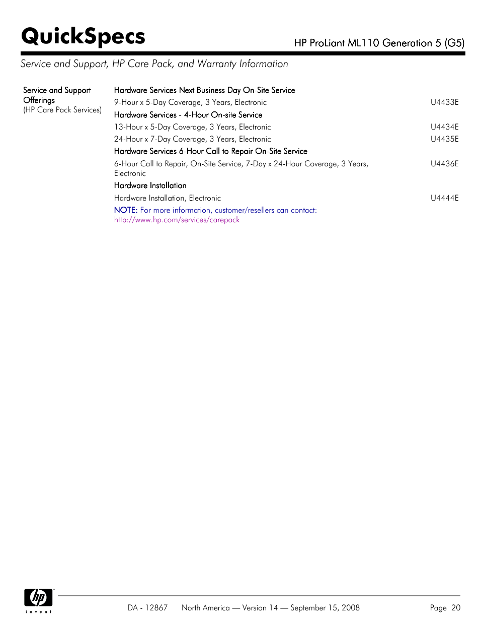 Quickspecs | HP ProLiant ML110 G5 User Manual | Page 20 / 32