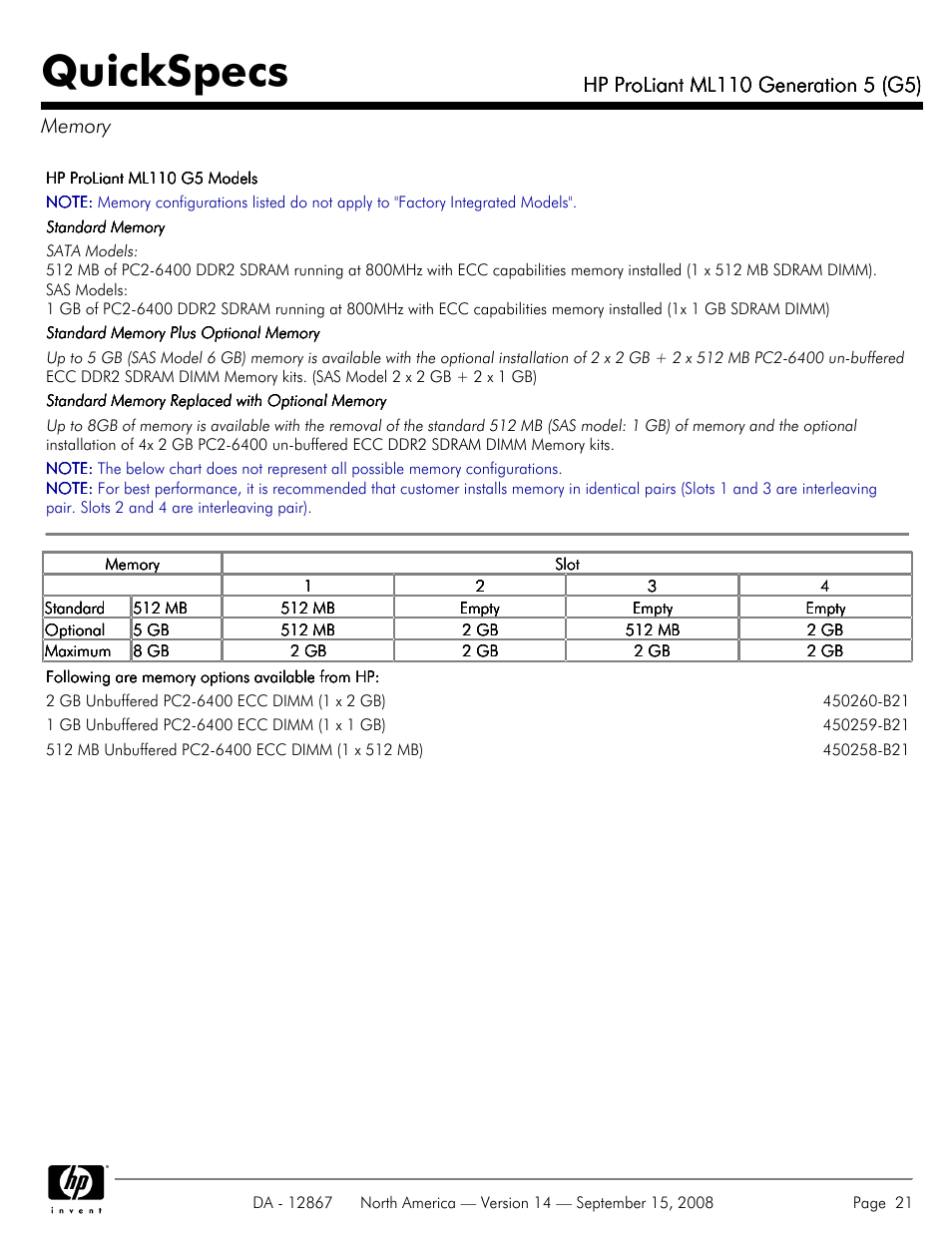 Memory, Quickspecs | HP ProLiant ML110 G5 User Manual | Page 21 / 32