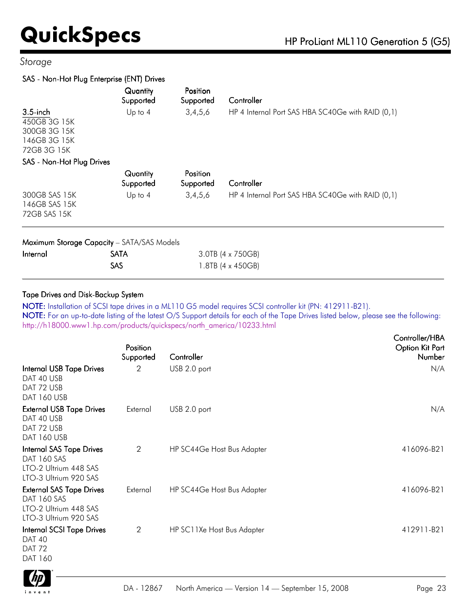 Quickspecs | HP ProLiant ML110 G5 User Manual | Page 23 / 32