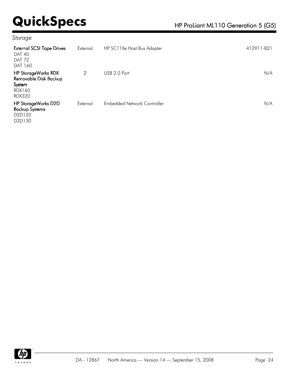 Quickspecs | HP ProLiant ML110 G5 User Manual | Page 24 / 32