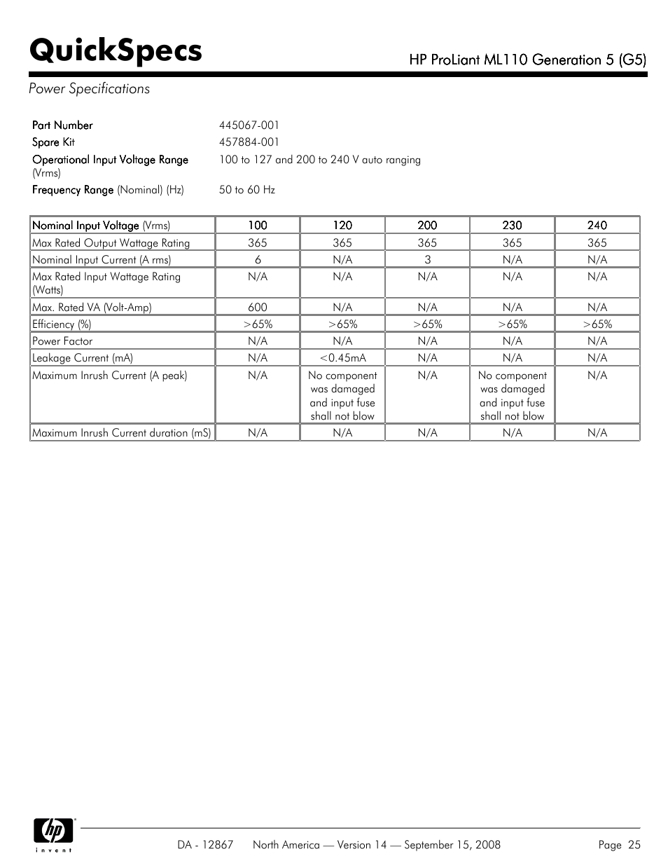 Power specifications, Quickspecs | HP ProLiant ML110 G5 User Manual | Page 25 / 32