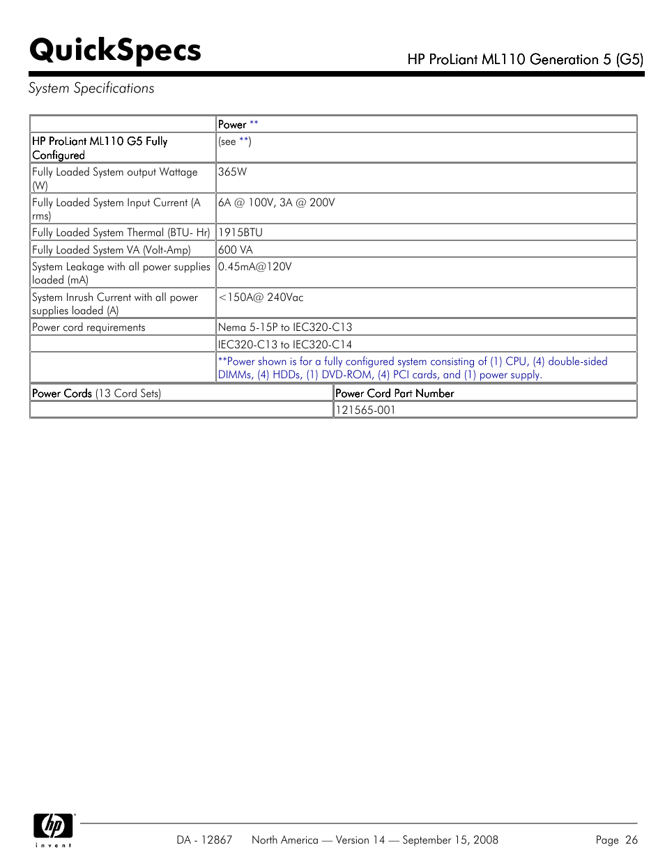 System specifications, Quickspecs | HP ProLiant ML110 G5 User Manual | Page 26 / 32