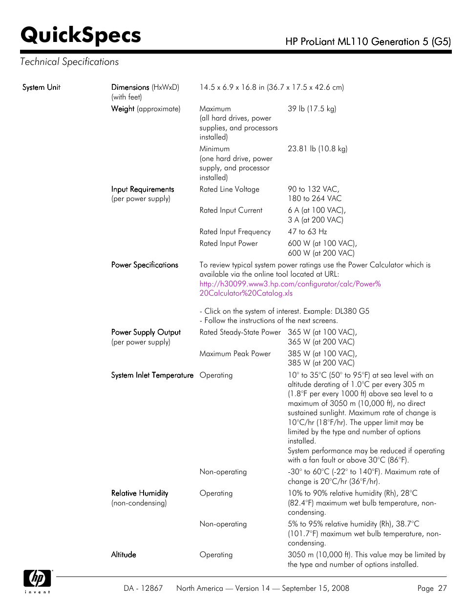 Technical specifications, Quickspecs | HP ProLiant ML110 G5 User Manual | Page 27 / 32