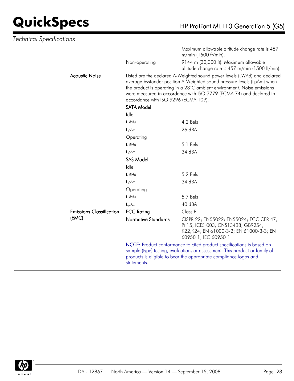 Quickspecs | HP ProLiant ML110 G5 User Manual | Page 28 / 32