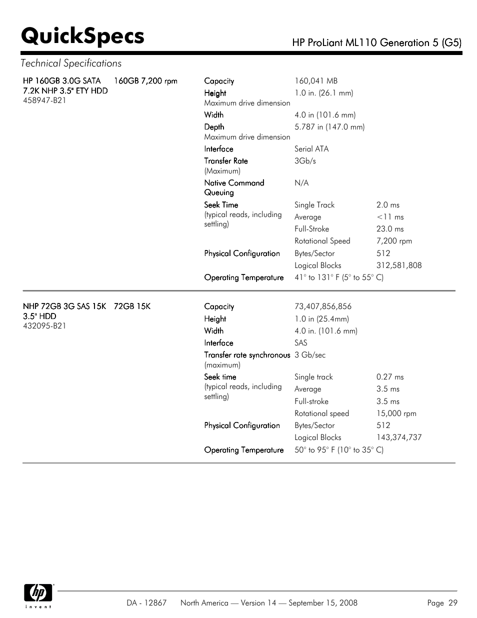 Quickspecs | HP ProLiant ML110 G5 User Manual | Page 29 / 32