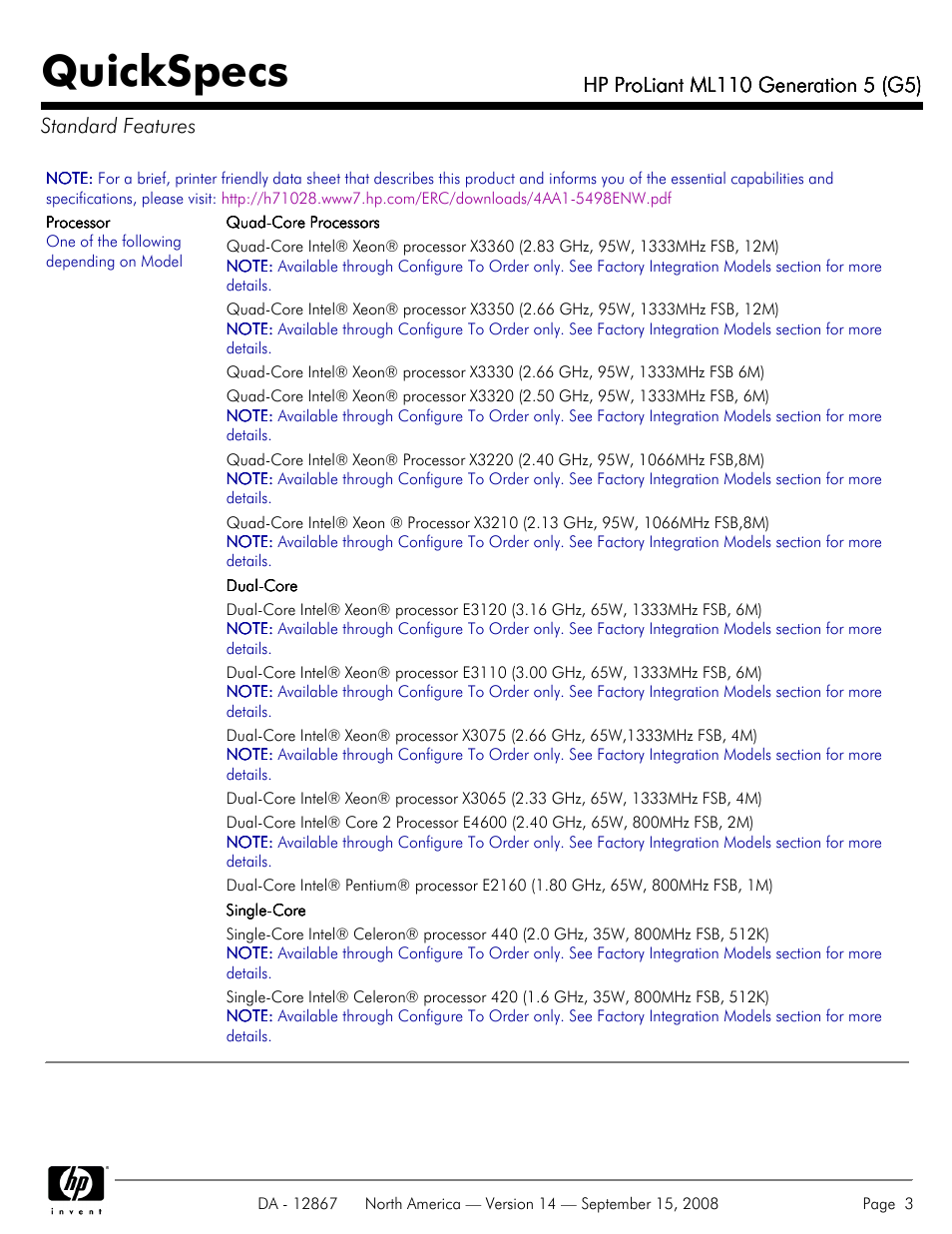 Standard features, Quickspecs | HP ProLiant ML110 G5 User Manual | Page 3 / 32