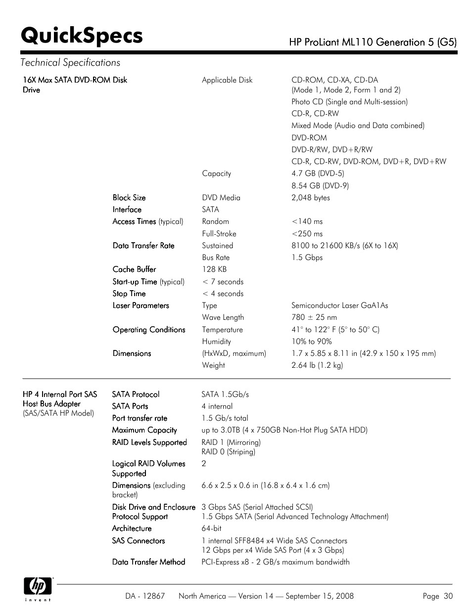 Quickspecs | HP ProLiant ML110 G5 User Manual | Page 30 / 32