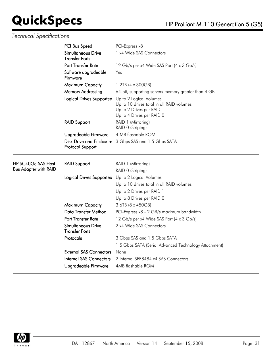 Quickspecs | HP ProLiant ML110 G5 User Manual | Page 31 / 32