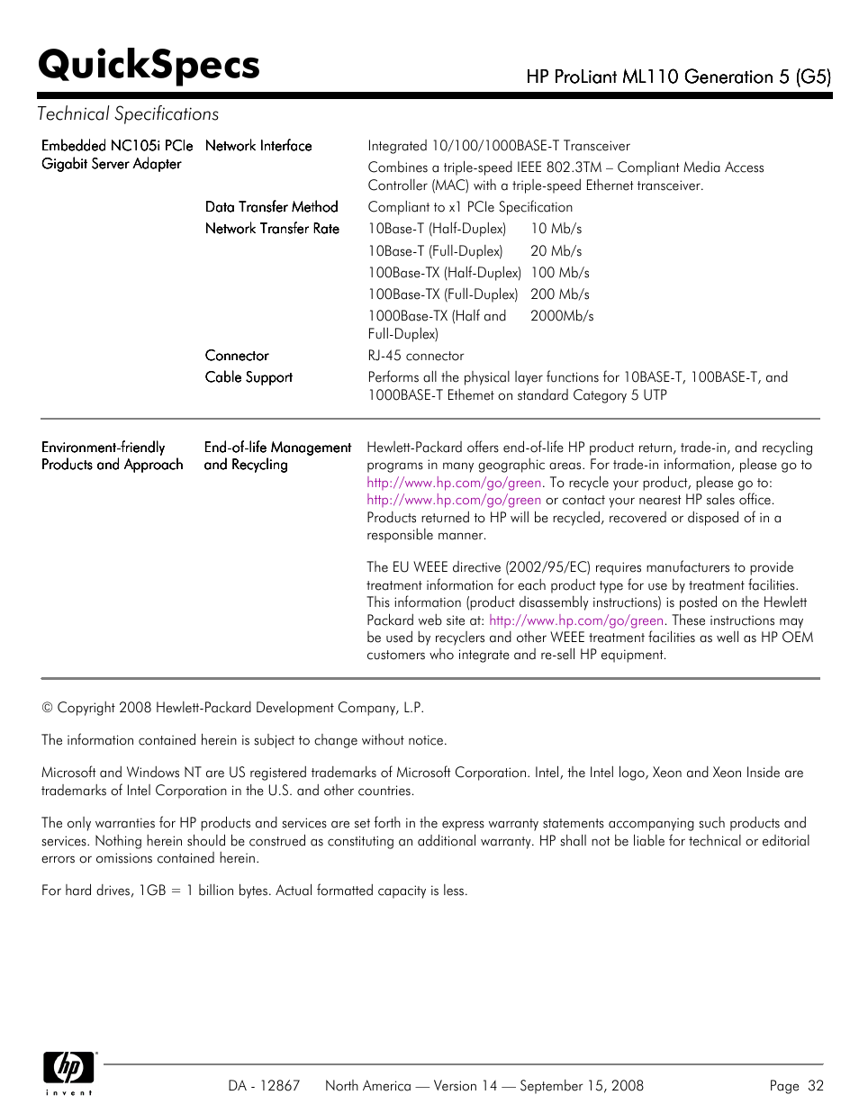 Quickspecs | HP ProLiant ML110 G5 User Manual | Page 32 / 32