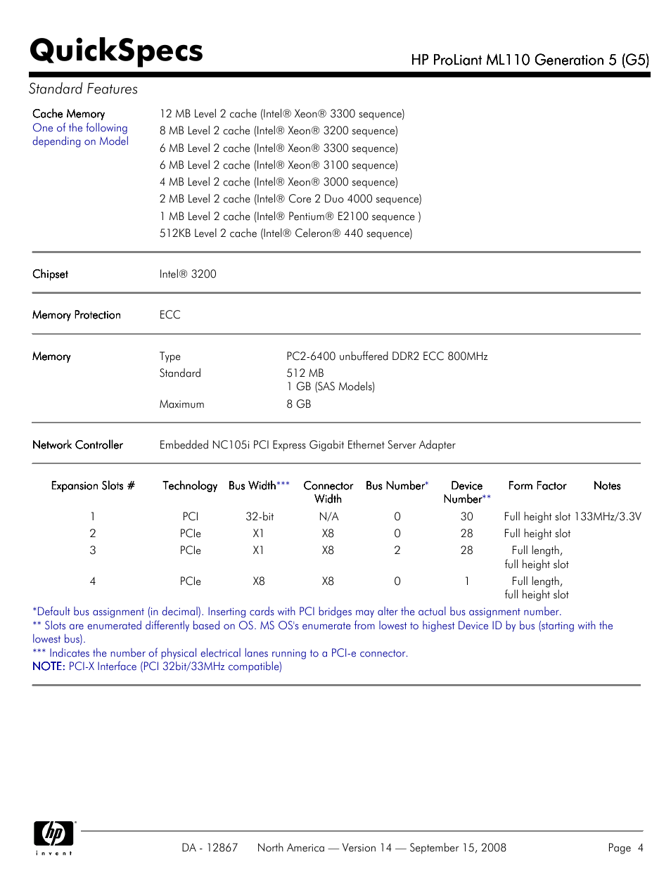 Quickspecs | HP ProLiant ML110 G5 User Manual | Page 4 / 32