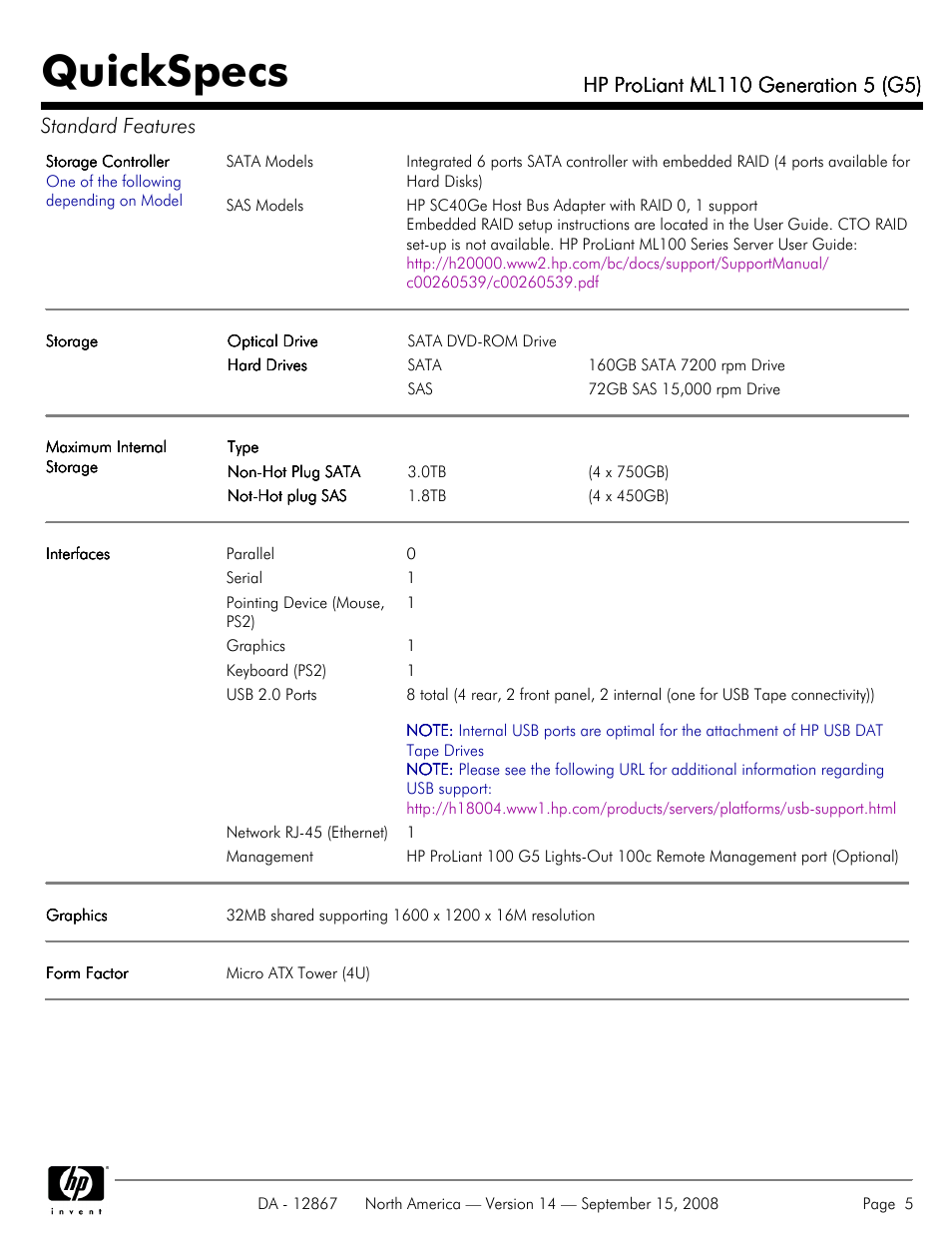 Quickspecs | HP ProLiant ML110 G5 User Manual | Page 5 / 32