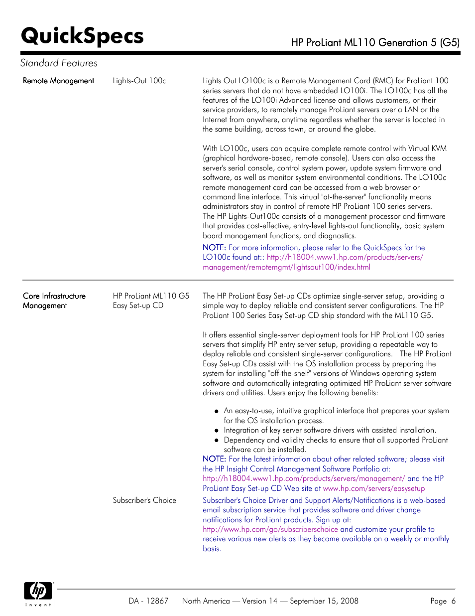 Quickspecs | HP ProLiant ML110 G5 User Manual | Page 6 / 32