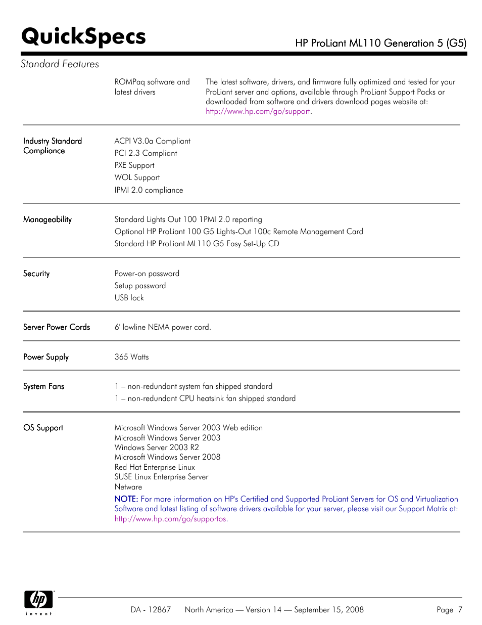 Quickspecs | HP ProLiant ML110 G5 User Manual | Page 7 / 32