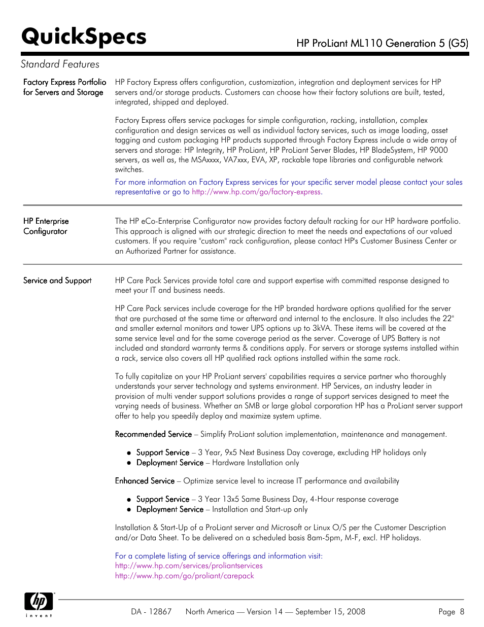Quickspecs | HP ProLiant ML110 G5 User Manual | Page 8 / 32