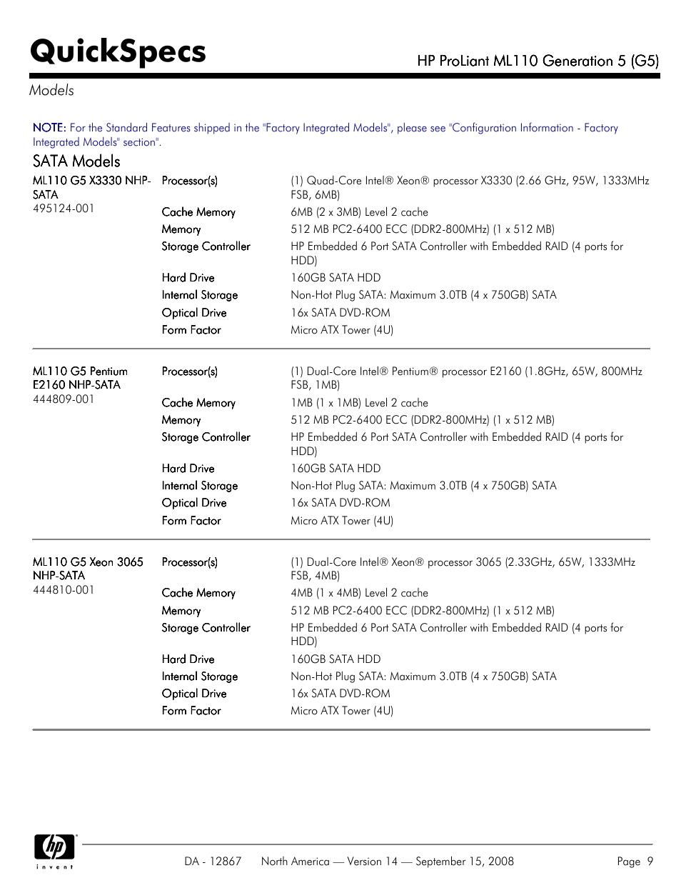 Models, Quickspecs, Sata models | HP ProLiant ML110 G5 User Manual | Page 9 / 32