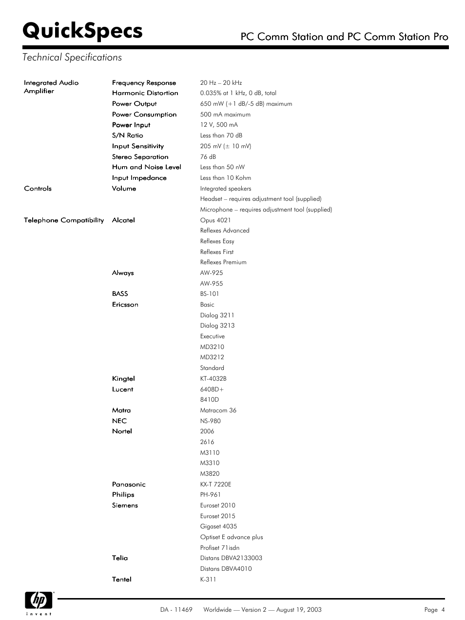 Quickspecs, Pc comm station and pc comm station pro | HP PC Comm Station Pro P8814A (Europe User Manual | Page 4 / 5