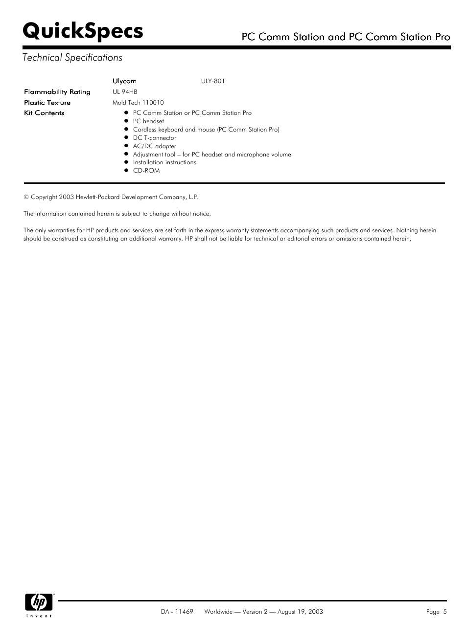 Quickspecs, Pc comm station and pc comm station pro | HP PC Comm Station Pro P8814A (Europe User Manual | Page 5 / 5