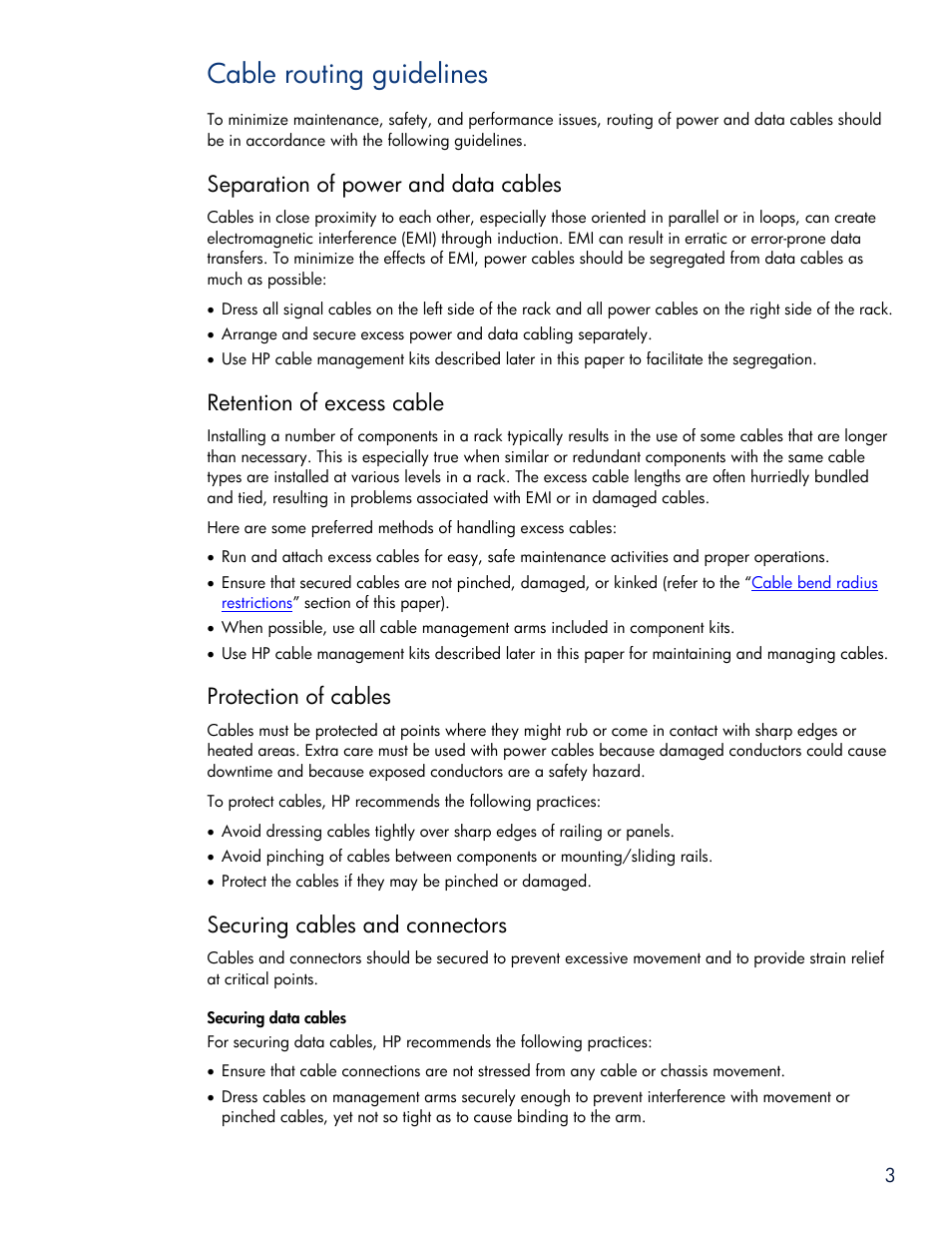 Cable routing guidelines, Separation of power and data cables, Retention of excess cable | Protection of cables, Securing cables and connectors, Securing data cables | HP DVP 3040 User Manual | Page 3 / 8