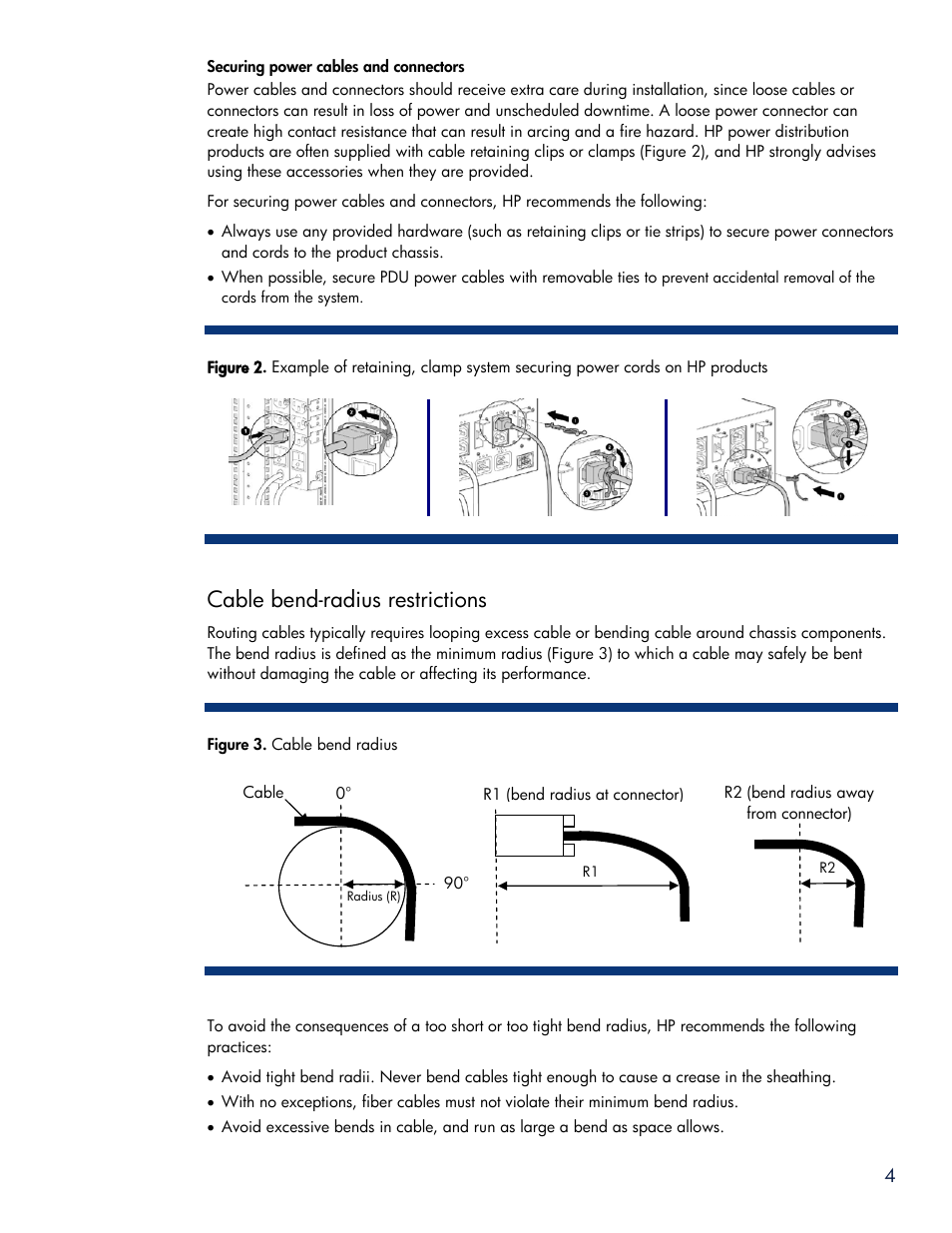 Securing power cables and connectors, Cable bend-radius restrictions | HP DVP 3040 User Manual | Page 4 / 8