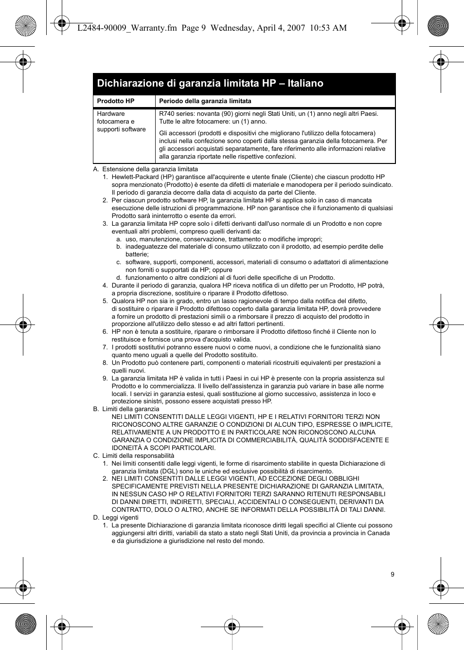 Dichiarazione di garanzia limitata hp – italiano | HP R840 User Manual | Page 11 / 32