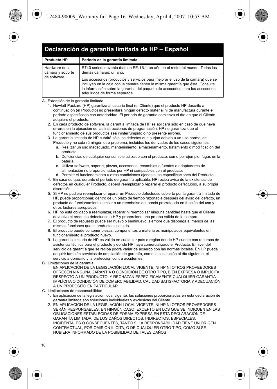 Declaración de garantía limitada de hp – español | HP R840 User Manual | Page 18 / 32