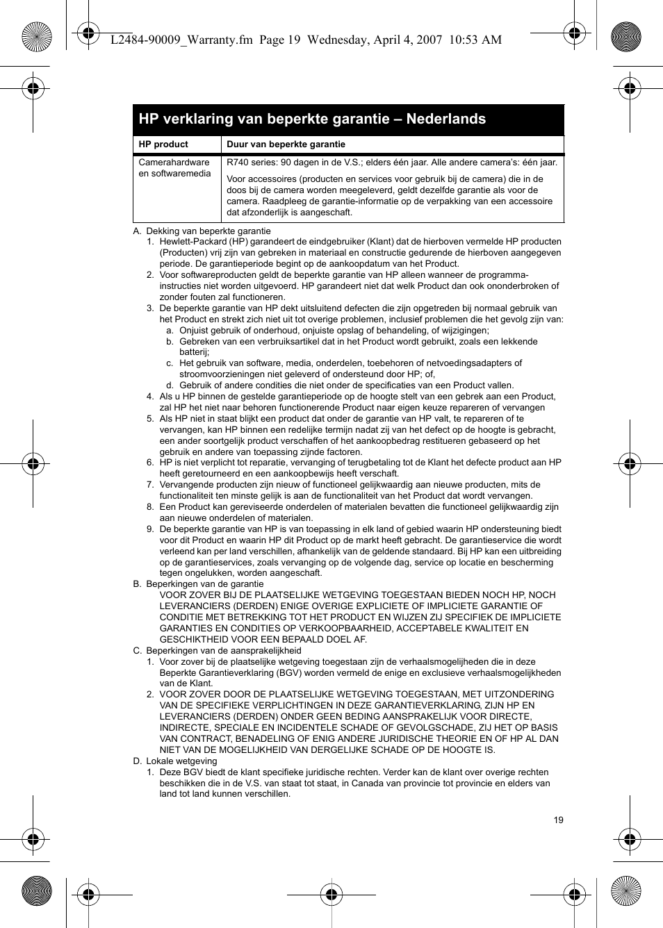 Hp verklaring van beperkte garantie – nederlands | HP R840 User Manual | Page 21 / 32