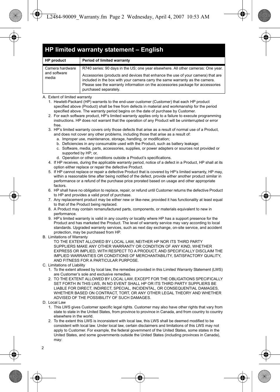 Hp limited warranty statement – english | HP R840 User Manual | Page 4 / 32