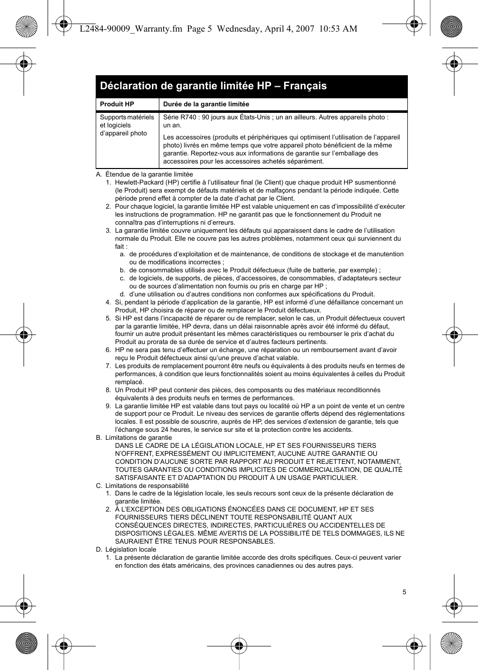 Déclaration de garantie limitée hp – français | HP R840 User Manual | Page 7 / 32