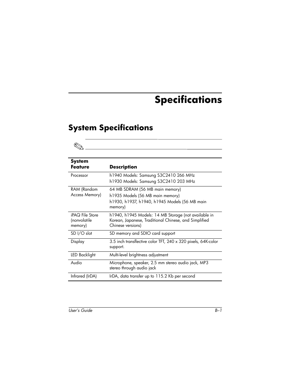 Specifications, System specifications | HP H1940  EN User Manual | Page 121 / 127