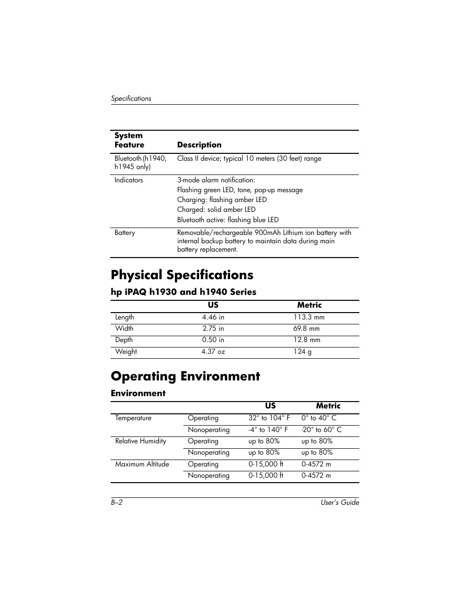 Physical specifications operating environment | HP H1940  EN User Manual | Page 122 / 127