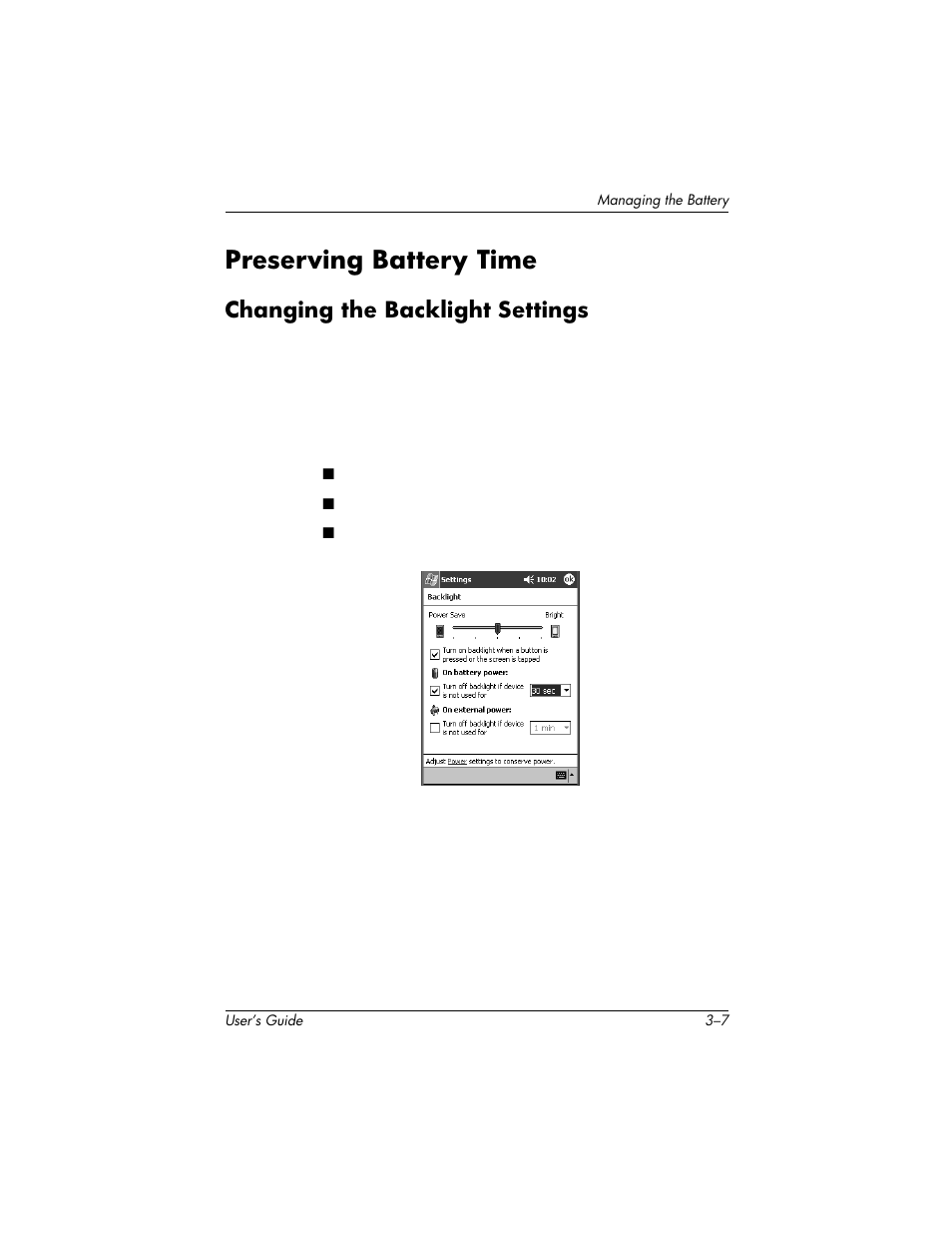 Preserving battery time, Changing the backlight settings | HP H1940  EN User Manual | Page 35 / 127