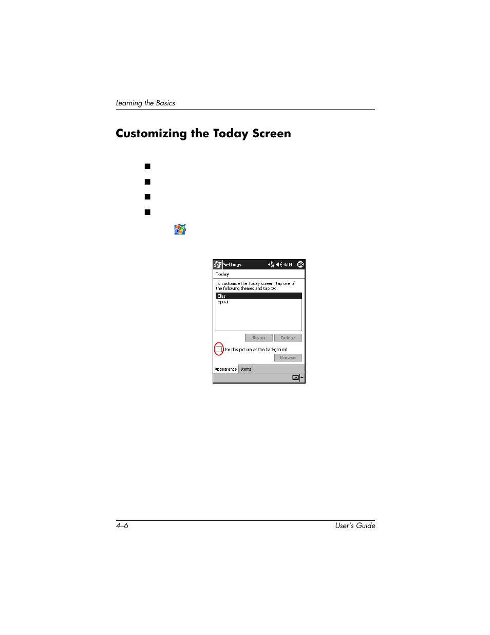 Customizing the today screen | HP H1940  EN User Manual | Page 42 / 127