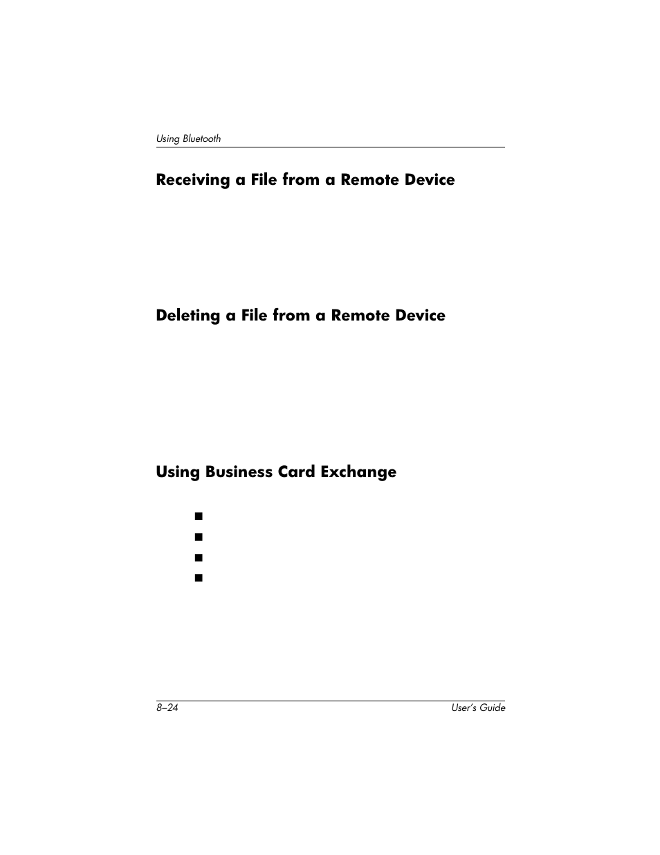 Receiving a file from a remote device, Deleting a file from a remote device, Using business card exchange | HP H1940  EN User Manual | Page 98 / 127