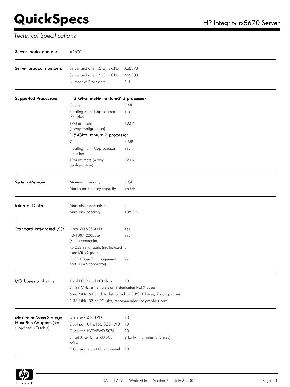 Technical specifications, Quickspecs, Hp integrity rx5670 server | HP rx5670 User Manual | Page 11 / 13