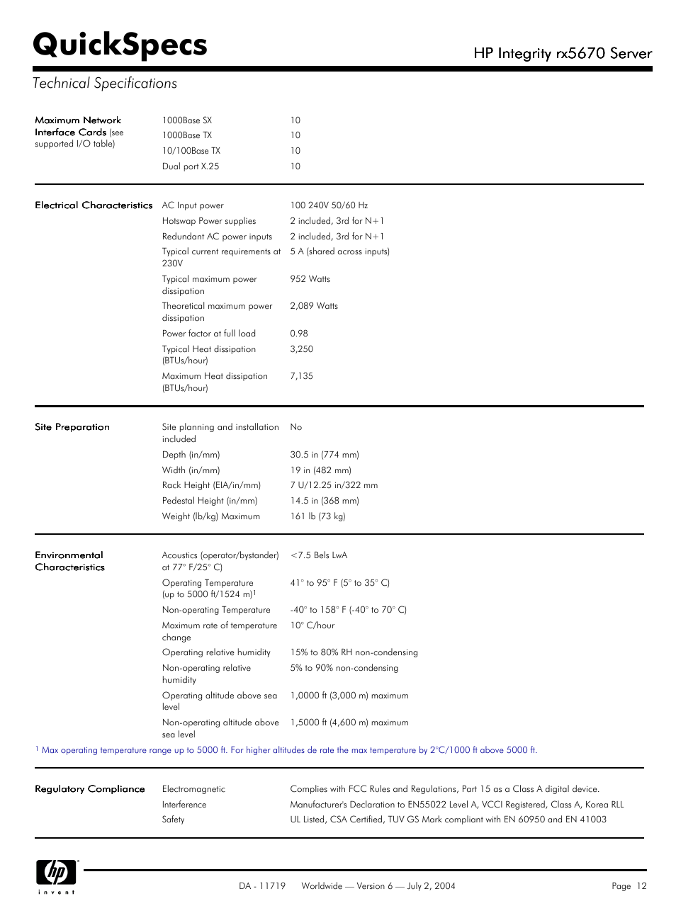 Quickspecs, Hp integrity rx5670 server | HP rx5670 User Manual | Page 12 / 13