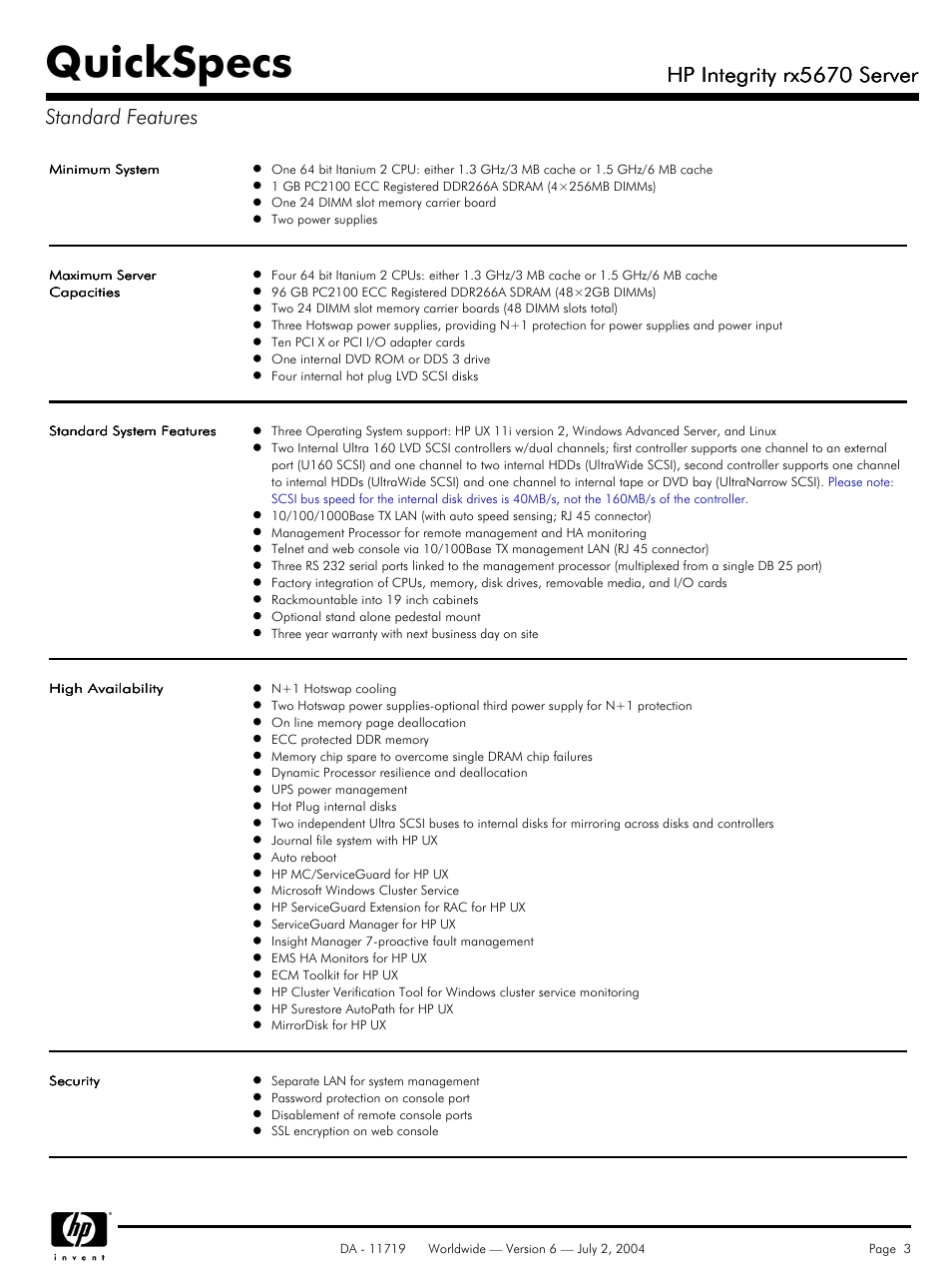 Standard features, Quickspecs, Hp integrity rx5670 server | Hp integrity rx5670 server standard features | HP rx5670 User Manual | Page 3 / 13