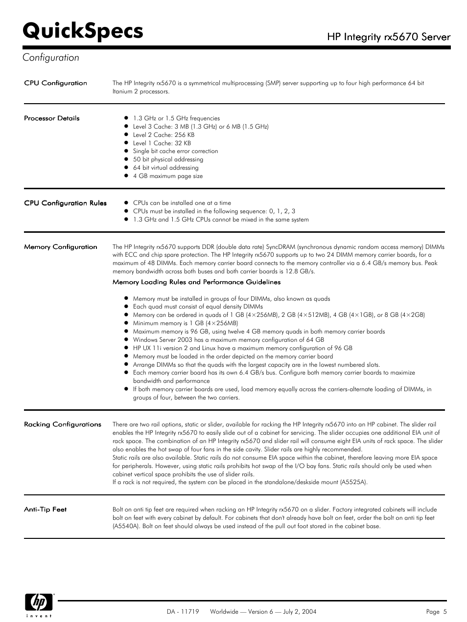 Configuration, Quickspecs, Hp integrity rx5670 server | Hp integrity rx5670 server configuration | HP rx5670 User Manual | Page 5 / 13