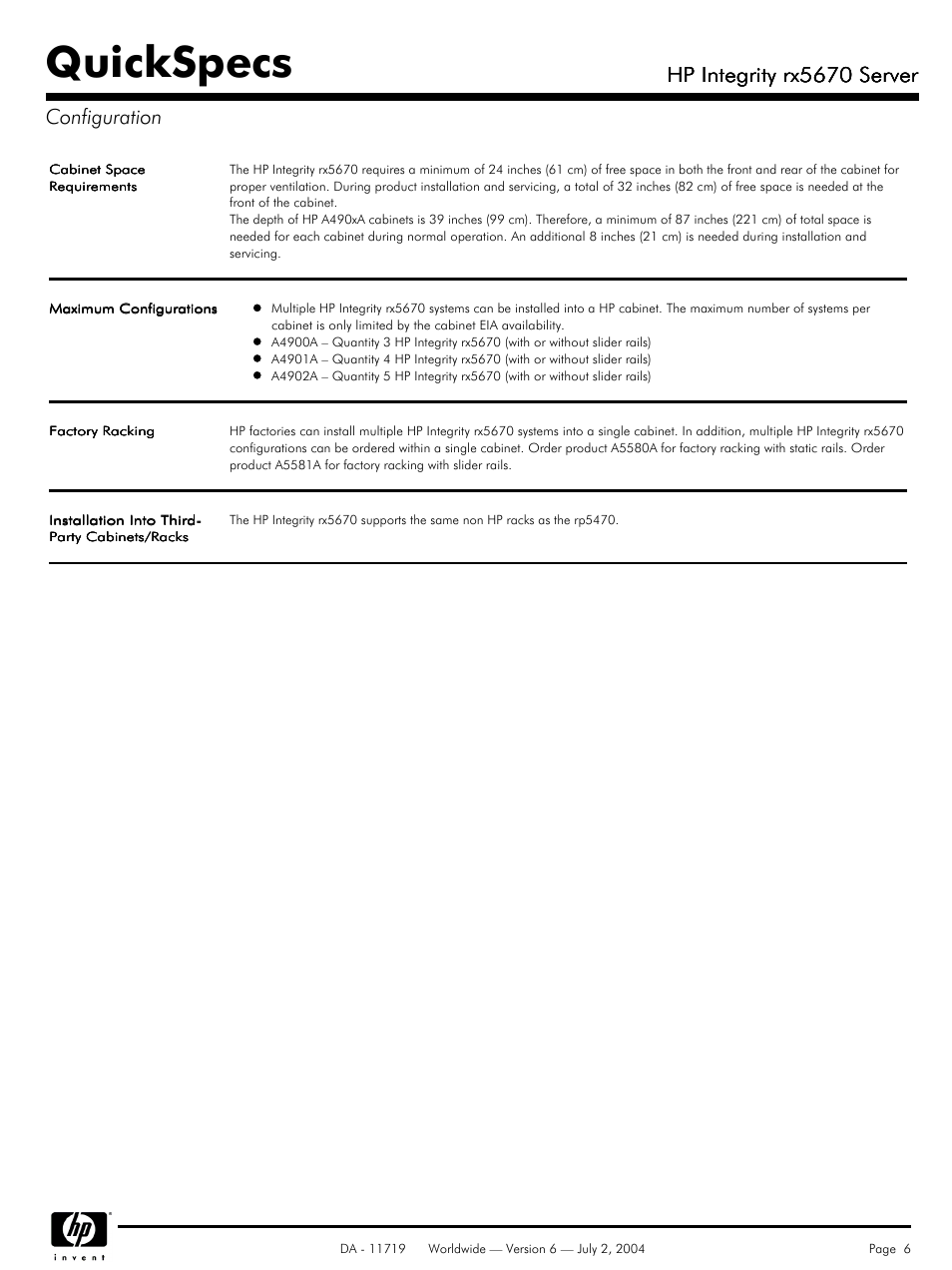 Quickspecs, Hp integrity rx5670 server, Hp integrity rx5670 server configuration | HP rx5670 User Manual | Page 6 / 13