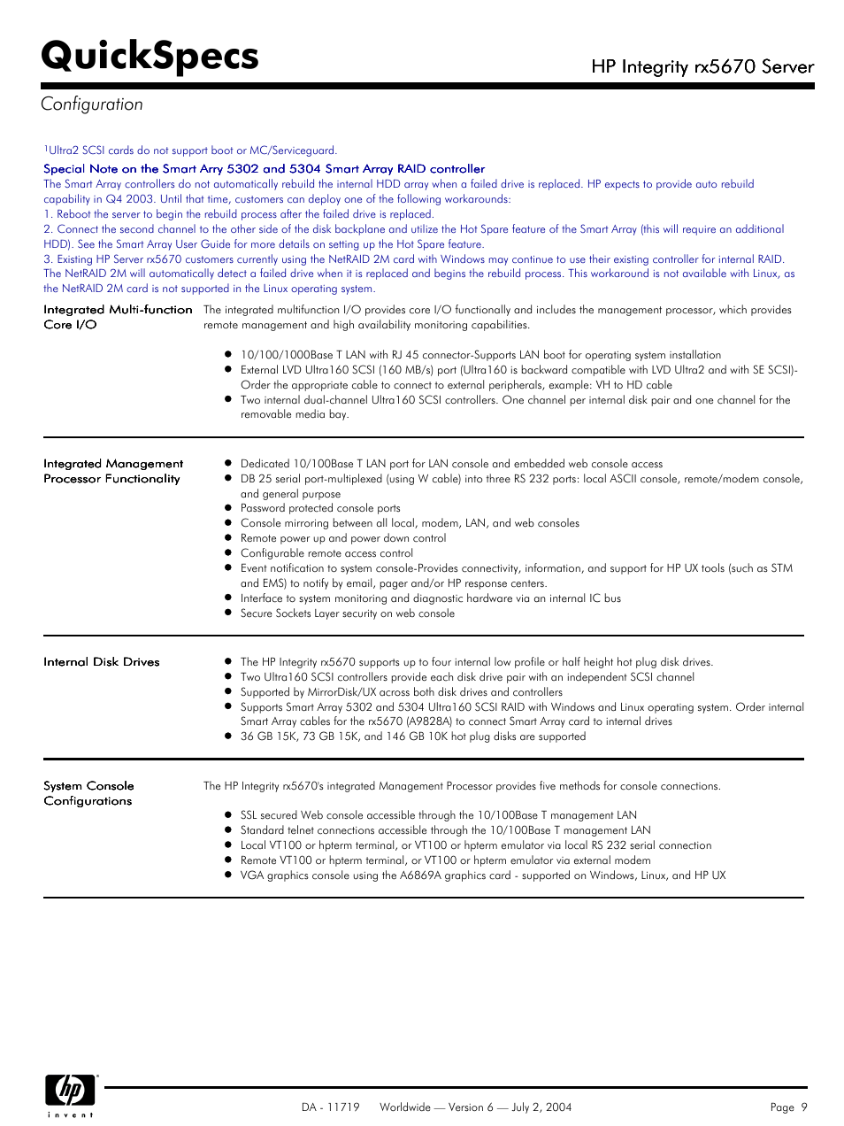 Quickspecs, Hp integrity rx5670 server, Hp integrity rx5670 server configuration | HP rx5670 User Manual | Page 9 / 13